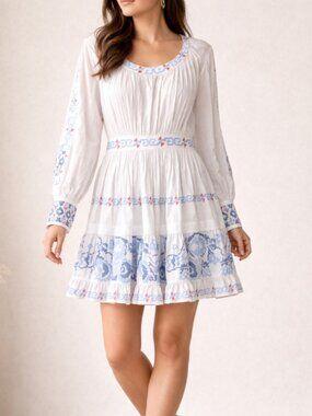Hunter Bell Embroidered Mini Dress Blue White Boho Feminine Tiered Coquette